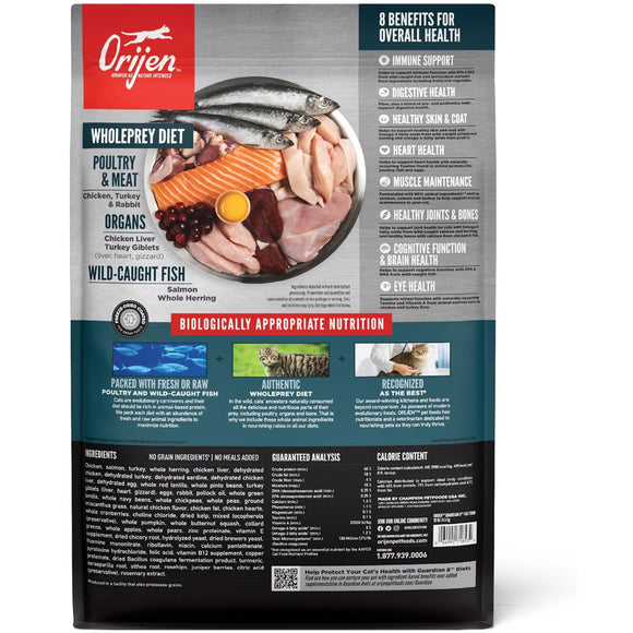 Orijen pet food packaging with images of ingredients and text on a white background