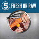 Assorted fresh ingredients including fish, meat, and eggs on a metallic surface with 'First 5 Ingredients' branding.