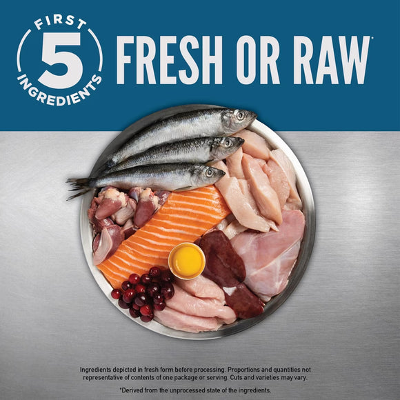 Assorted fresh ingredients including fish, meat, and eggs on a metallic surface with 'First 5 Ingredients' branding.