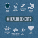8 health benefits on a blue background with icons and text