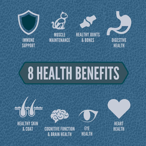 8 health benefits on a blue background with icons and text