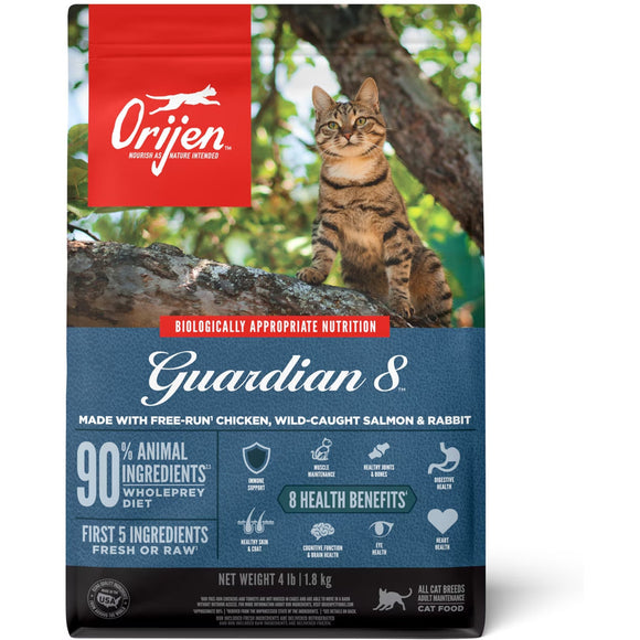Orijen Guardian 8 cat food package with a cat on a tree branch
