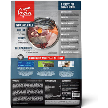 Orijen pet food package with ingredients and benefits listed