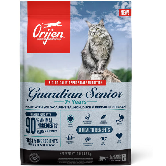 Orijen Guardian Senior cat food package with a cat on a rock and blue sky background