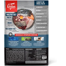 Orijen pet food packaging with ingredients and benefits listed