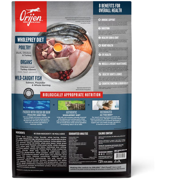 Orijen pet food packaging with ingredients and benefits listed