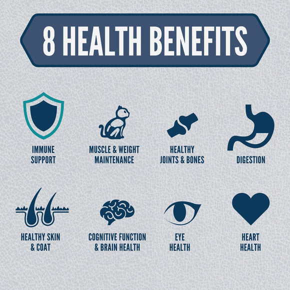 8 health benefits listed with corresponding icons on a textured gray background