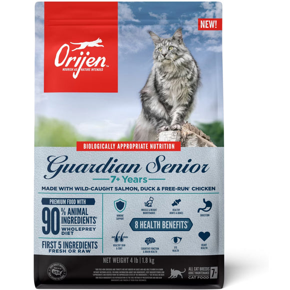 Orijen Guardian Senior cat food package with a cat on a rock against a blue sky.