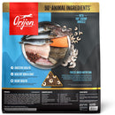 Orijen pet food package with ingredients and benefits displayed