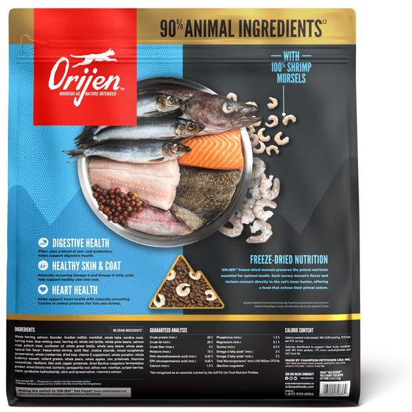 Orijen pet food package with ingredients and benefits displayed