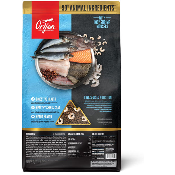 Orijen pet food package with ingredients and benefits displayed