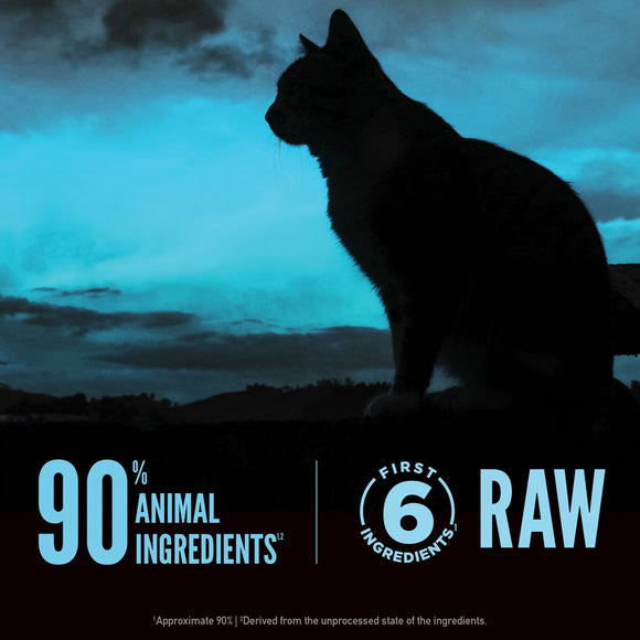 Silhouette of a cat against a blue sky with text about animal ingredients and raw food.