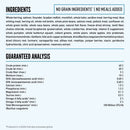 Ingredients and guaranteed analysis chart for a pet food product on a white background