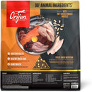 Orijen pet food package with ingredients and health benefits on a white background