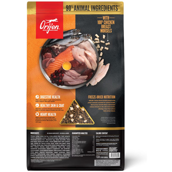 Orijen pet food package with ingredients and health benefits on a white background