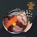 Assorted raw meats including fish, chicken, and beef on a dark background with text about chicken breast morsels.