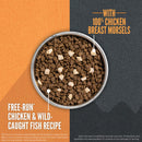 Dog food bowl with dog food and chicken breast morsels on an orange and black background