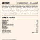Dog food ingredient list and guaranteed analysis on a white background