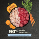 Pet food bowl with chicken, tuna, and vegetables on a dark background