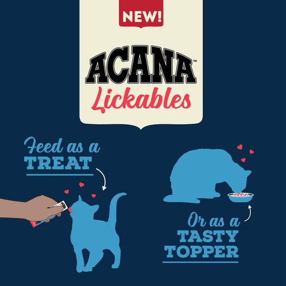 Advertisement for Acana Lickables with illustrations of a cat, bear, and text on a blue background.