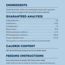 Nutritional label for a cat food product with ingredients, guaranteed analysis, calorie content, and feeding instructions.