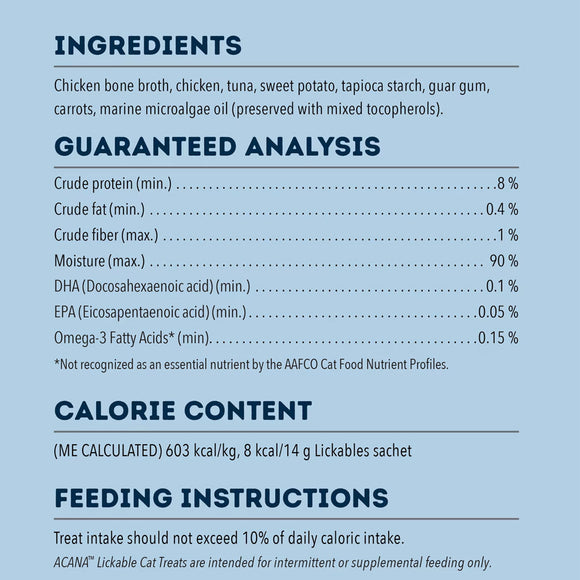Nutritional label for a cat food product with ingredients, guaranteed analysis, calorie content, and feeding instructions.