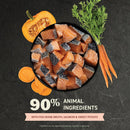 Dog food with salmon, sweet potato, and pumpkin on a dark background