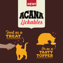 Advertisement for Acana Lickables with illustrations of a cat and a bear, and text on a brown background.
