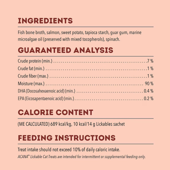 Nutritional label for ACANA Lickables Cat Treats on a pink background