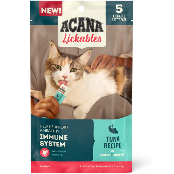 Acana Lickables Tuna Recipe cat treats packaging with a cat on the front