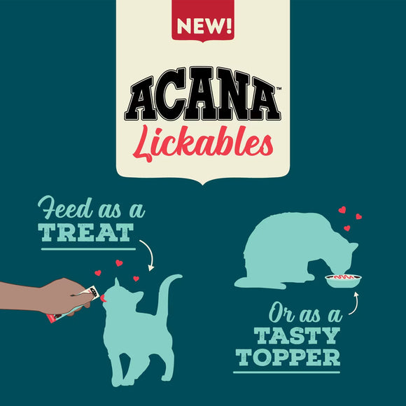 Advertisement for Acana Lickables with illustrations of a cat and bear, and text on a teal background.