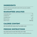 Product label with ingredients, guaranteed analysis, calorie content, and feeding instructions on a light blue background.