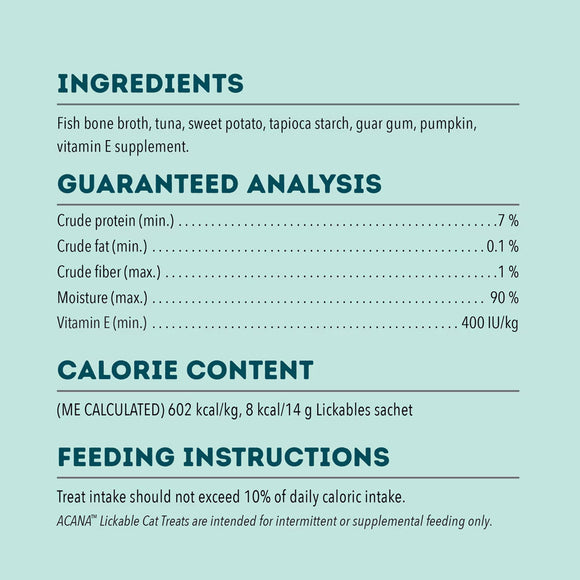 Product label with ingredients, guaranteed analysis, calorie content, and feeding instructions on a light blue background.