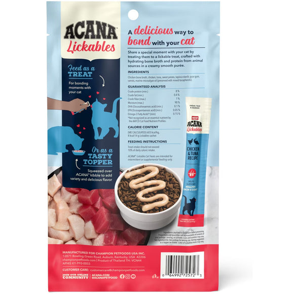 Acana Lickables cat treat packaging with text and images of a cat and bowl on a white background