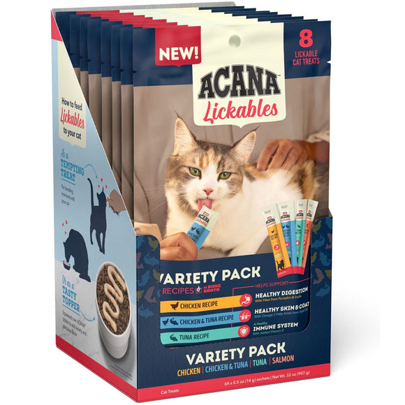 Acana Lickables cat treats packaging with a cat eating a treat on a white background