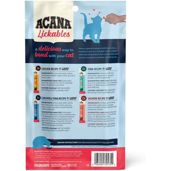 Acana Lickables cat treat package with text and images of a cat and hand.