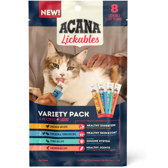 Acana Lickables cat treats variety pack with a cat on the packaging.