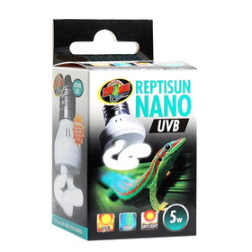 Box of Zoo Med Reptisun Nano UVB bulb with a lizard illustration on a white background