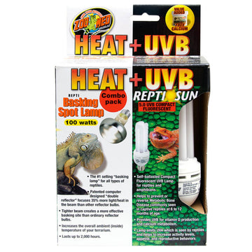 Zoo Med heat and UVB reptile combo pack with packaging on a white background