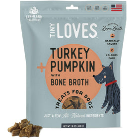 Package of Tiny Loves Turkey Pumpkin with Bone Broth dog treats on a white background