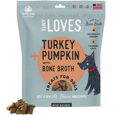 Package of Tiny Loves Turkey Pumpkin with Bone Broth dog treats on a white background