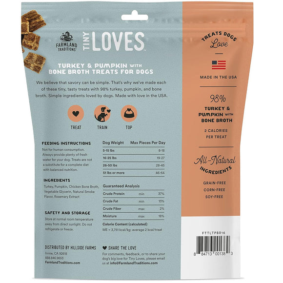 Package of Farmland Traditions Tiny Loves Turkey & Pumpkin with Bone Broth treats for dogs.