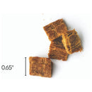 Three square pieces of brown material on a white background with a measurement label.