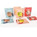 Assorted packages of 'LOVES' pet food on a white background