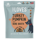 Package of Tiny Loves turkey pumpkin with bone broth treats for dogs on a light blue background