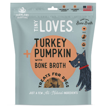 Package of Tiny Loves turkey pumpkin with bone broth treats for dogs on a light blue background