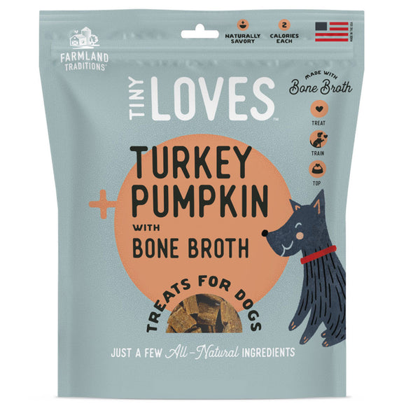 Package of Tiny Loves turkey pumpkin with bone broth treats for dogs on a light blue background