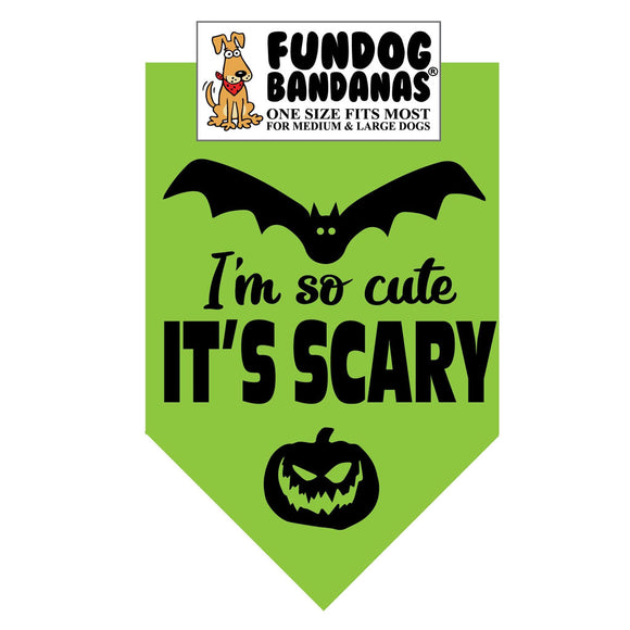 Green dog bandana with black text and graphics, featuring a bat and pumpkin design, on a white background.