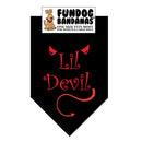 Black bandana with red text 'Li'l Devil' and FunDog Bandanas logo on a white background