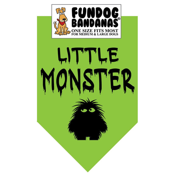 Green bandana with 'Little Monster' design and Fundog Bandanas logo.